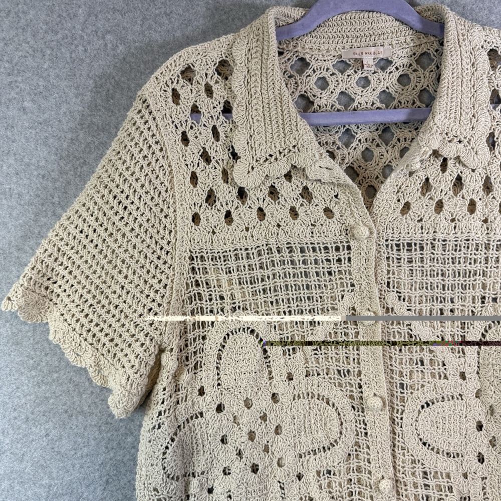 Skies are Blue shirt womens large button up knit crochet beige ivory - Picture 2 of 8